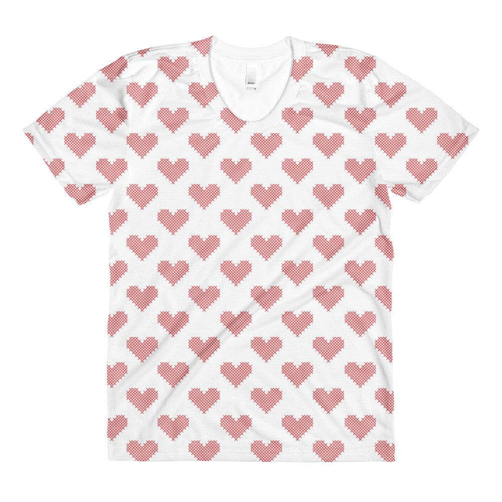 Hearts-All-Over Cross Stitch Women's Crew Neck T-Shirt